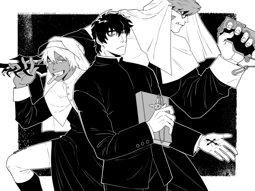 3boys alternate_costume balnom bangs black_dress character_request cross cross_necklace dress expressions feet_out_of_frame fighting_stance glasses greyscale grin highres holding jewelry kekkai_sensen klaus_von_reinhertz long_sleeves looking_at_viewer male_focus monochrome multiple_boys necklace priest priestess scar scar_on_cheek scar_on_face short_hair smile steven_a._starphase thighhighs tusks