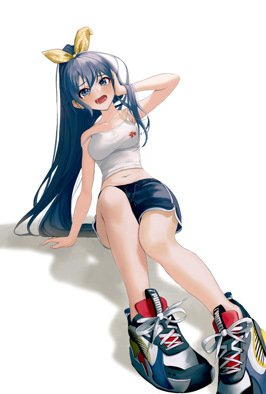 1girl :o absurdres arm_support black_hair black_shorts blush bow breasts collarbone commentary dolphin_shorts fang full_body ganaha_hibiki hair_bow hand_on_own_head highres idolmaster idolmaster_(classic) long_hair looking_at_viewer medium_breasts meunggeul_(hongleopard) navel ponytail puma_(brand) shoes shorts simple_background sneakers solo strap_slip tank_top tearing_up tears very_long_hair white_background white_tank_top