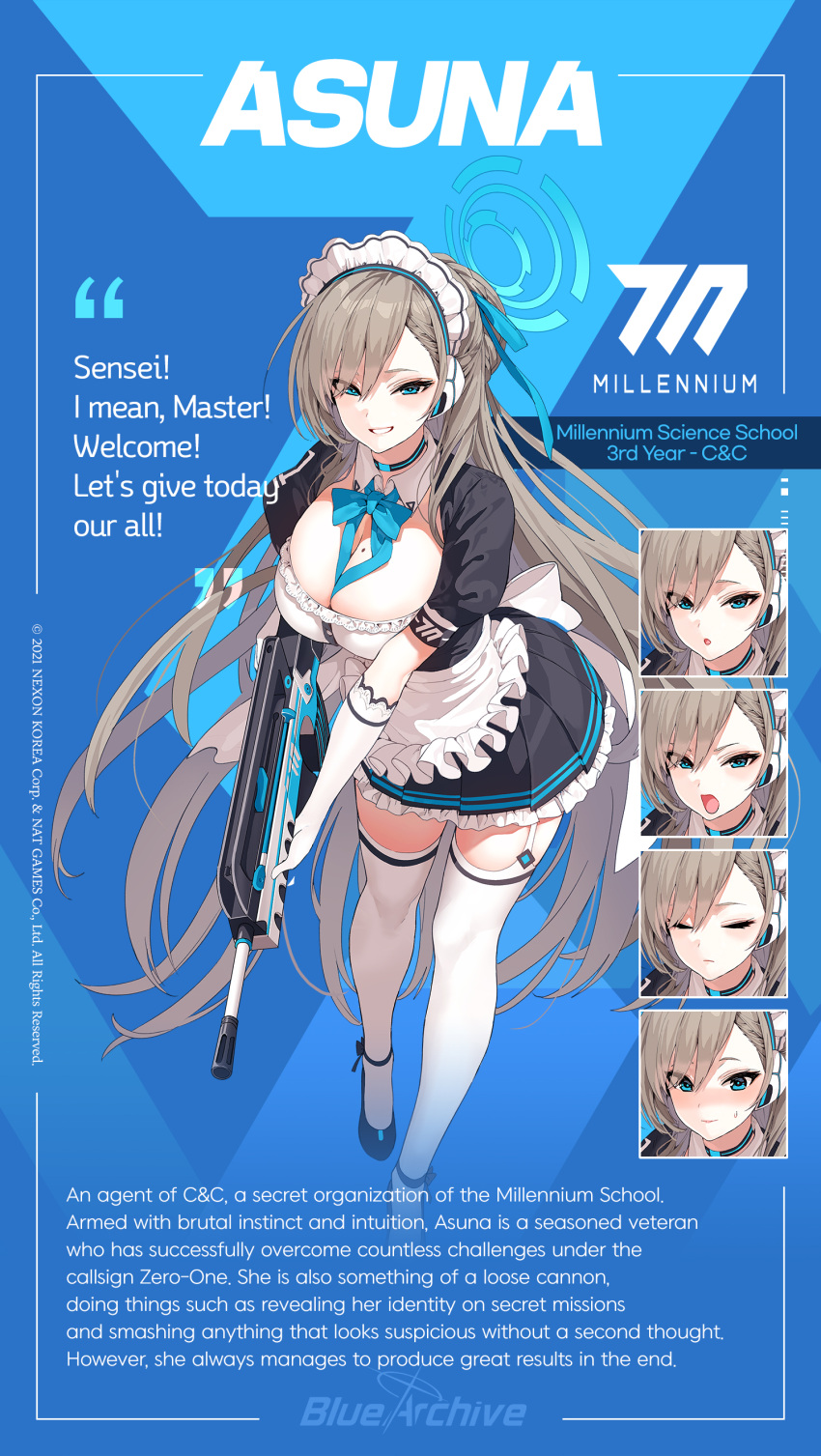 1girl absurdres apron assault_rifle asuna_(blue_archive) blue_archive blue_eyes breasts brown_hair bullpup character_name character_sheet cleavage elbow_gloves famas full_body gloves gun halo headphones highres large_breasts long_hair maid maid_apron maid_headdress mole mole_on_breast mx2j_(nsh6394) official_art rifle shoes solo thighhighs very_long_hair weapon