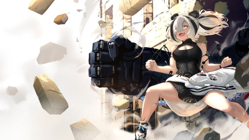 1girl :d animal_ears arknights bangs bare_arms bare_legs bare_shoulders black_hair black_stripes breasts broken_wall chinese_clothes cleavage cleavage_cutout clenched_hands clothes_around_waist clothing_cutout collared_dress commentary debris destruction dress dust dust_cloud english_commentary exoskeleton eyebrows_behind_hair eyes_visible_through_hair fang feater_(arknights) fighting_stance gauntlets hair_over_one_eye high_tops highres hole_in_wall huge_weapon infection_monitor_(arknights) jacket jacket_around_waist joints long_bangs long_hair mechanical_arms mechanical_hands medium_breasts multicolored_hair open_mouth orange_eyes oripathy_lesion_(arknights) panda_ears panda_girl robot_joints ruins short_dress short_twintails skin_fang sleeveless sleeveless_dress smile solo streaked_hair thick_eyebrows tube twintails wagachop weapon white_background white_hair white_jacket