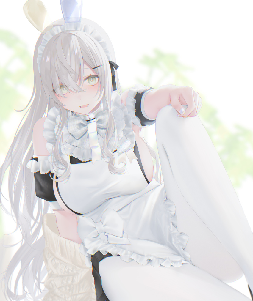 1girl arm_on_knee bangs blurry blurry_background breasts green_eyes hair_between_eyes hair_over_one_eye highres knee_up large_breasts long_hair looking_at_viewer maid maid_headdress original pantyhose sideboob sitting solo sweater unusa white_hair white_legwear