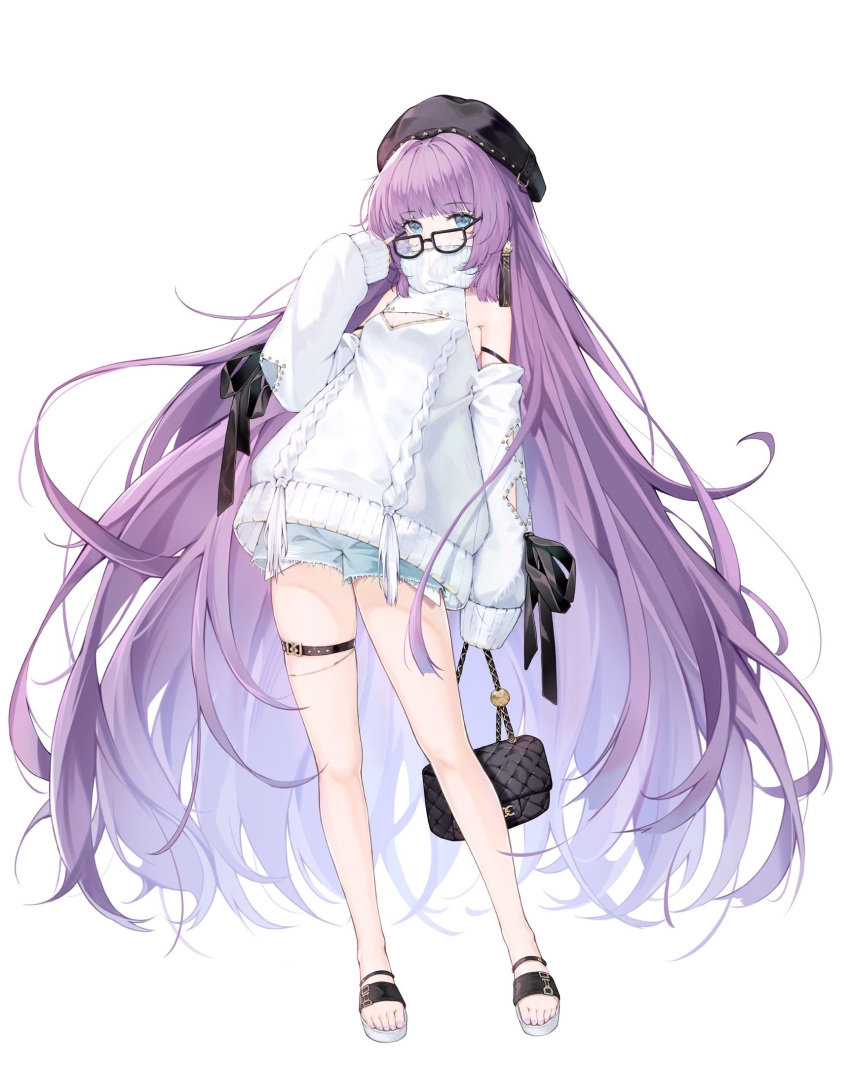 1girl bag bangs beret blue_eyes blunt_bangs chanel cleavage_cutout clothing_cutout covering_mouth daichengqi earrings exposed_pocket glasses hand_on_eyewear hand_up handbag hat high_collar highres holding holding_bag jewelry long_hair looking_at_viewer original purple_hair ribbed_sweater sandals shorts skindentation sleeve_ribbon sleeves_past_fingers sleeves_past_wrists solo studded_hat sweater tassel thigh_strap toeless_footwear turtleneck turtleneck_sweater very_long_hair