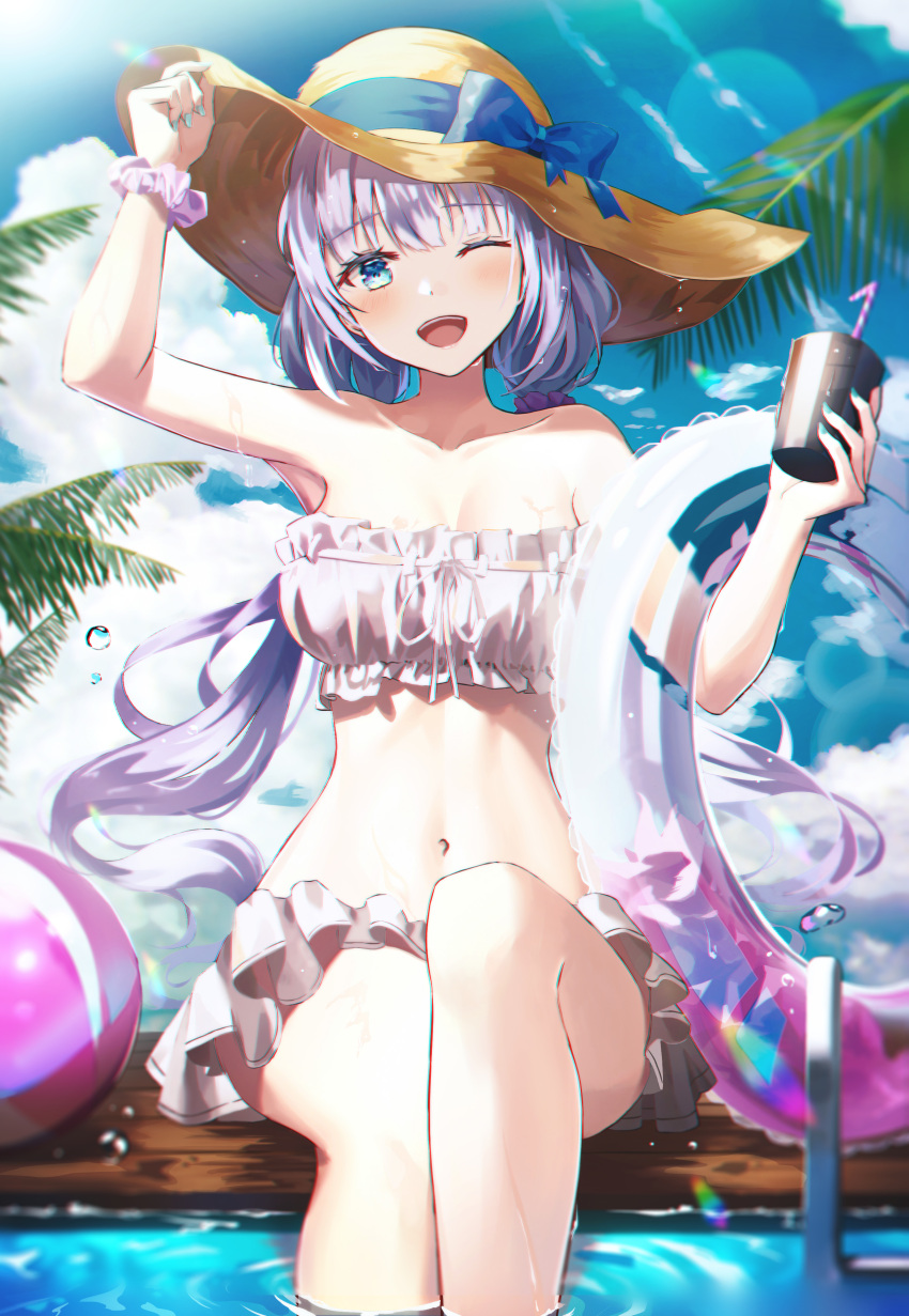 1girl ;d absurdres arm_up bangs bare_shoulders bendy_straw bikini blue_bow blue_eyes blue_sky blush bow breasts brown_headwear cleavage cloud collarbone commentary_request cup day drinking_straw eyebrows_visible_through_hair grey_hair hair_ornament hair_scrunchie hand_on_headwear hat hat_bow highres holding holding_cup hyonee innertube long_hair low_twintails medium_breasts navel one_eye_closed original outdoors purple_scrunchie scrunchie sitting sky smile solo sun_hat swimsuit twintails very_long_hair water white_bikini