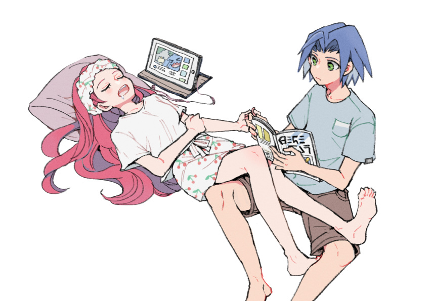 1boy 1girl atsumi_yoshioka blue_hair book commentary_request computer dress james_(pokemon) jessie_(pokemon) layered_dress long_hair meowth open_mouth pokemon pokemon_(anime) red_hair sleeping team_rocket very_long_hair wobbuffet