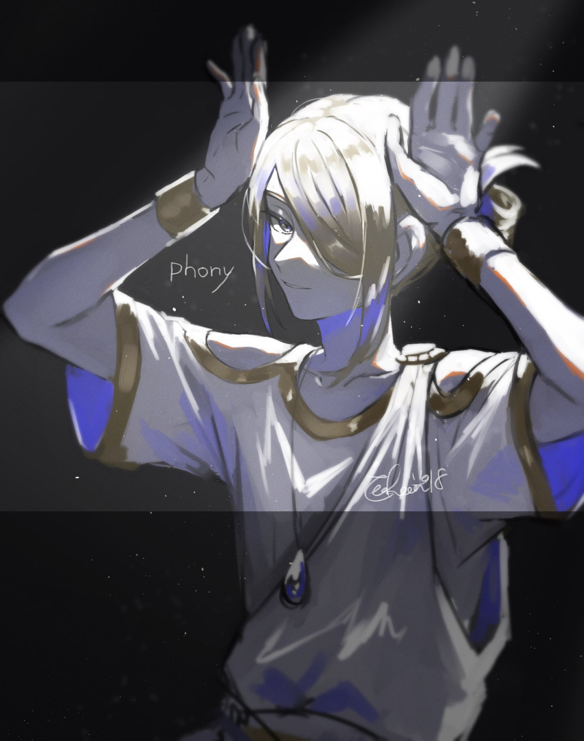 1boy arms_up bangs blonde_hair bracelet bunny_pose collarbone commentary_request grey_eyes hair_over_one_eye highres jewelry letterboxed male_focus necklace parted_lips pokemon pokemon_(game) pokemon_legends:_arceus shirt short_hair short_sleeves signature smile solo upi_(ukn18pkanother) upper_body volo_(pokemon) white_shirt