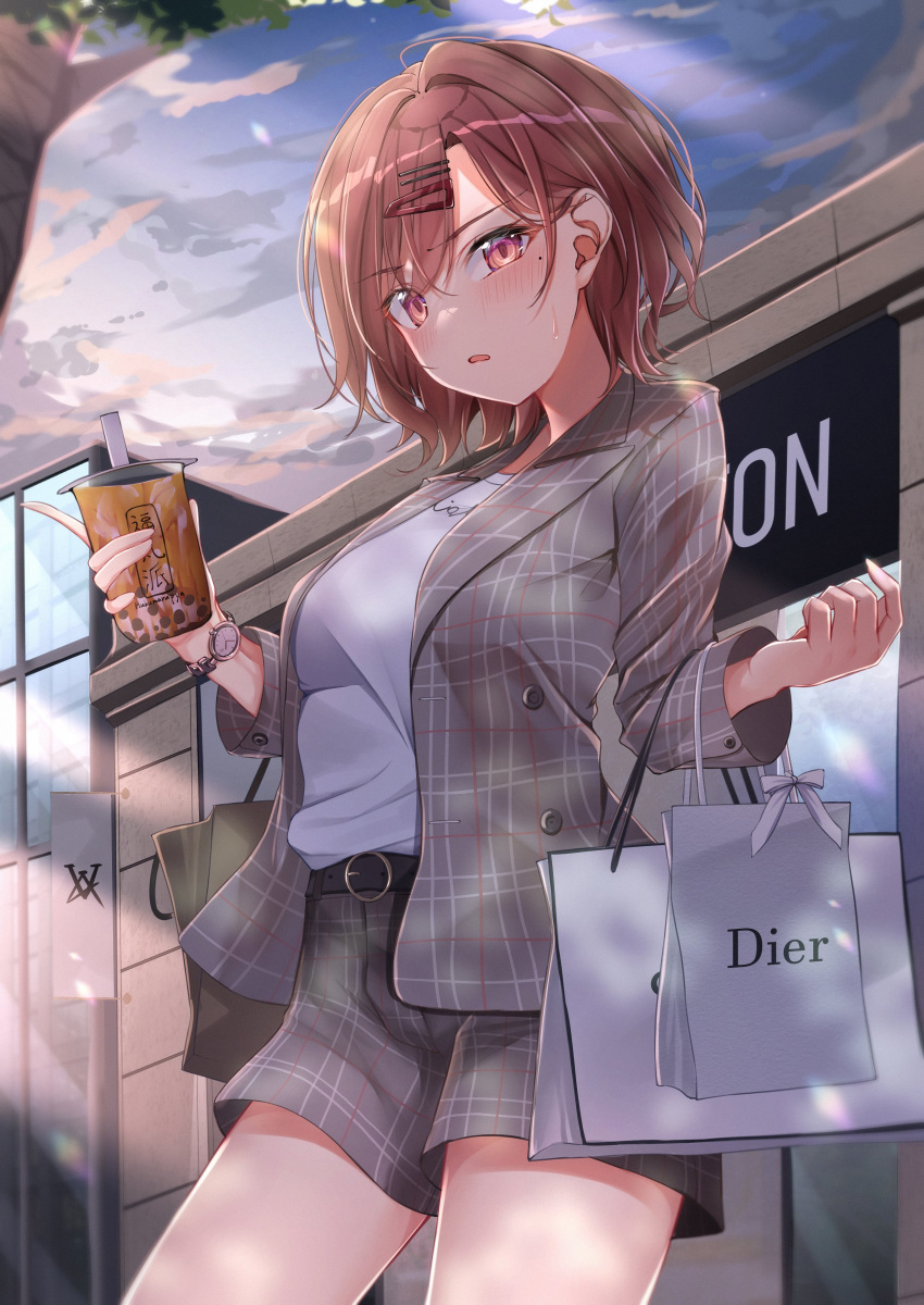 1girl absurdres bag blush brand_name_imitation breasts cup disposable_cup highres higuchi_madoka holding holding_cup idolmaster idolmaster_shiny_colors jacket looking_at_viewer medium_breasts mole mole_under_eye outdoors plaid plaid_jacket plaid_shorts red_eyes red_hair shopping_bag short_hair shorts solo sweatdrop watch wristwatch yzk_knmn