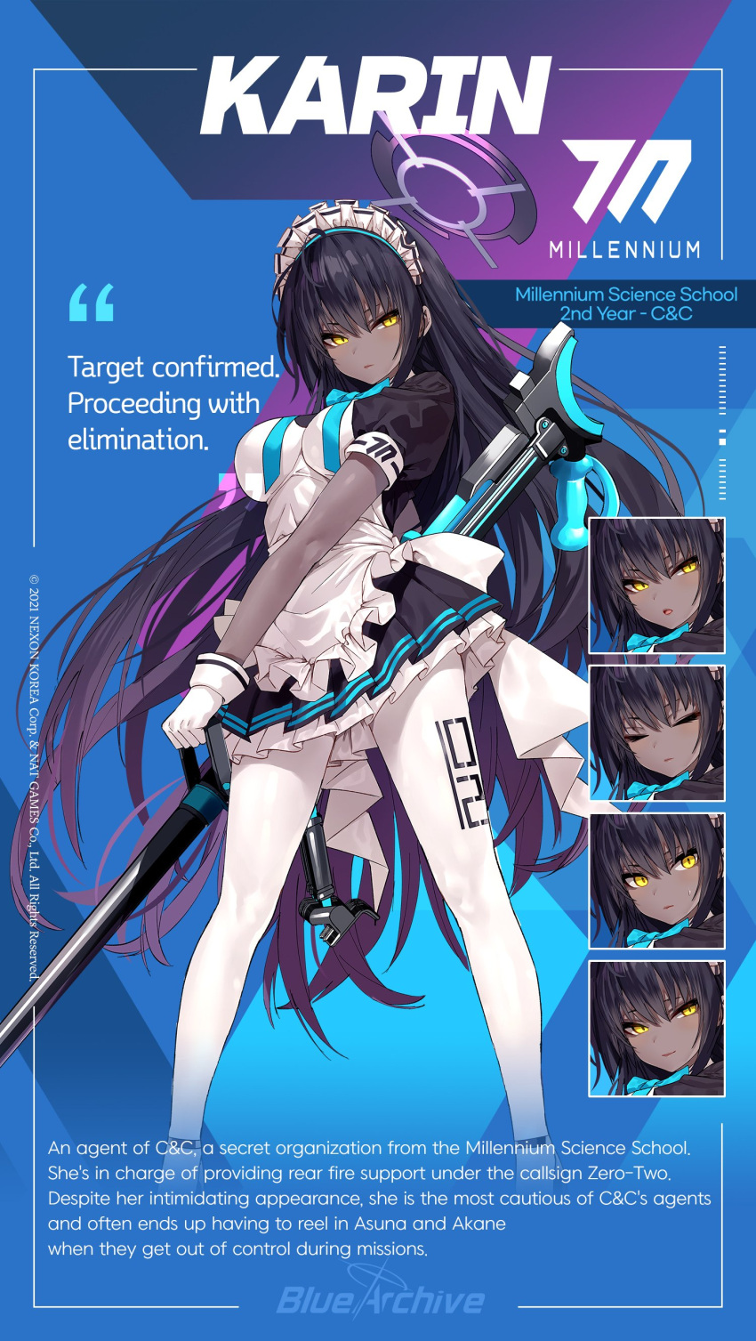 1girl absurdres anti-materiel_rifle apron black_hair blue_archive bow bowtie boys_anti_tank_rifle breasts character_name character_sheet dark-skinned_female dark_skin expressions full_body gloves gun halo handle high_heels highres holding holding_gun holding_weapon karin_(blue_archive) large_breasts long_hair maid maid_apron maid_headdress mx2j_(nsh6394) official_art pantyhose rifle skirt sniper_rifle solo very_long_hair weapon white_gloves white_legwear yellow_eyes