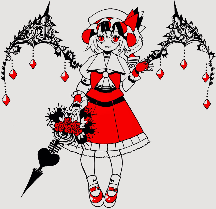 1girl ascot bangs black_wings boku_(isizakitakasi) collared_shirt commentary crystal drill_hair fingerless_gloves flandre_scarlet flower frilled_skirt frills full_body gloves hat hat_ribbon highres laevatein_(touhou) looking_at_viewer mary_janes medium_hair mob_cap one_side_up partially_colored puffy_short_sleeves puffy_sleeves red_eyes red_flower red_footwear red_gloves red_ribbon red_skirt red_vest ribbon sharp_teeth shirt shoes short_sleeves skirt slit_pupils socks solo teeth touhou vest white_ascot white_background white_shirt wings wrist_cuffs