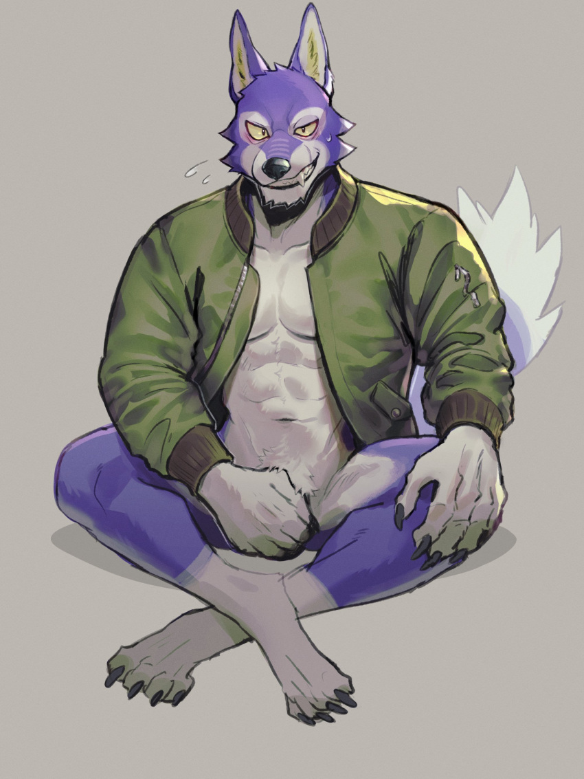 2022 absurd_res animal_crossing anthro athletic athletic_anthro athletic_male biped blue_body blue_fur bodily_fluids canid canine canis claws clothed clothing covering covering_crotch crossed_legs digital_media_(artwork) digitigrade fangs finger_claws fur grey_background grin hi_res jacket jacket_only k0bit0wani lobo_(animal_crossing) looking_at_viewer male mammal multicolored_body multicolored_fur navel nintendo open_clothing open_jacket open_topwear pecs simple_background sitting smile solo sweat topwear two_tone_body two_tone_fur video_games white_body white_fur wolf yellow_eyes