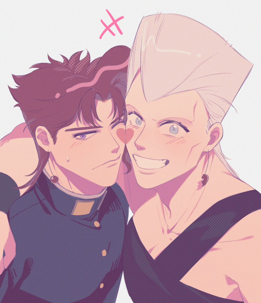 2boys arm_around_shoulder asymmetrical_bangs bangs blue_eyes blush cheek-to-cheek cherry_earrings earrings flattop food-themed_earrings frown gakuran grin heads_together heart heart_earrings highres huayv666 jean_pierre_polnareff jewelry jojo_no_kimyou_na_bouken kakyoin_noriaki looking_at_viewer male_focus medium_hair multiple_boys parted_bangs pectoral_cleavage pectorals purple_eyes red_hair school_uniform smile sweat thick_eyebrows white_hair yaoi