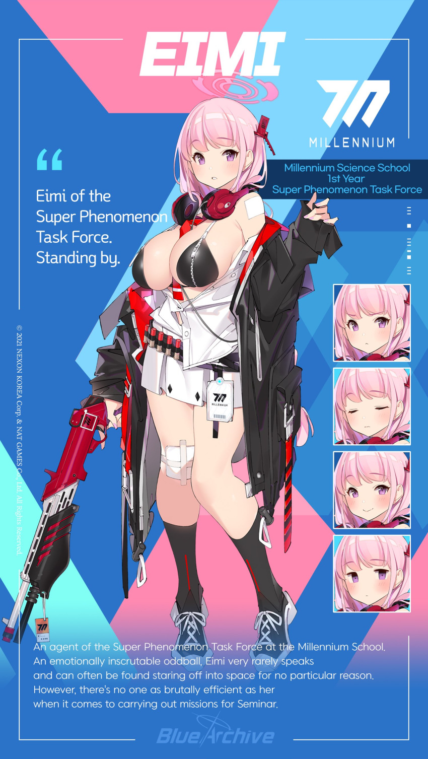 1girl absurdres bandaid bandaid_on_knee bandaid_on_leg blue_archive breasts character_name character_sheet cleavage eimi_(blue_archive) english_text full_body gun halo highres holding holding_gun holding_weapon huge_breasts jacket official_art open_clothes open_shirt pink_hair popqn purple_eyes shoes shotgun shotgun_shell sneakers socks solo spas-12 thick_thighs thighs trigger_discipline weapon zipper