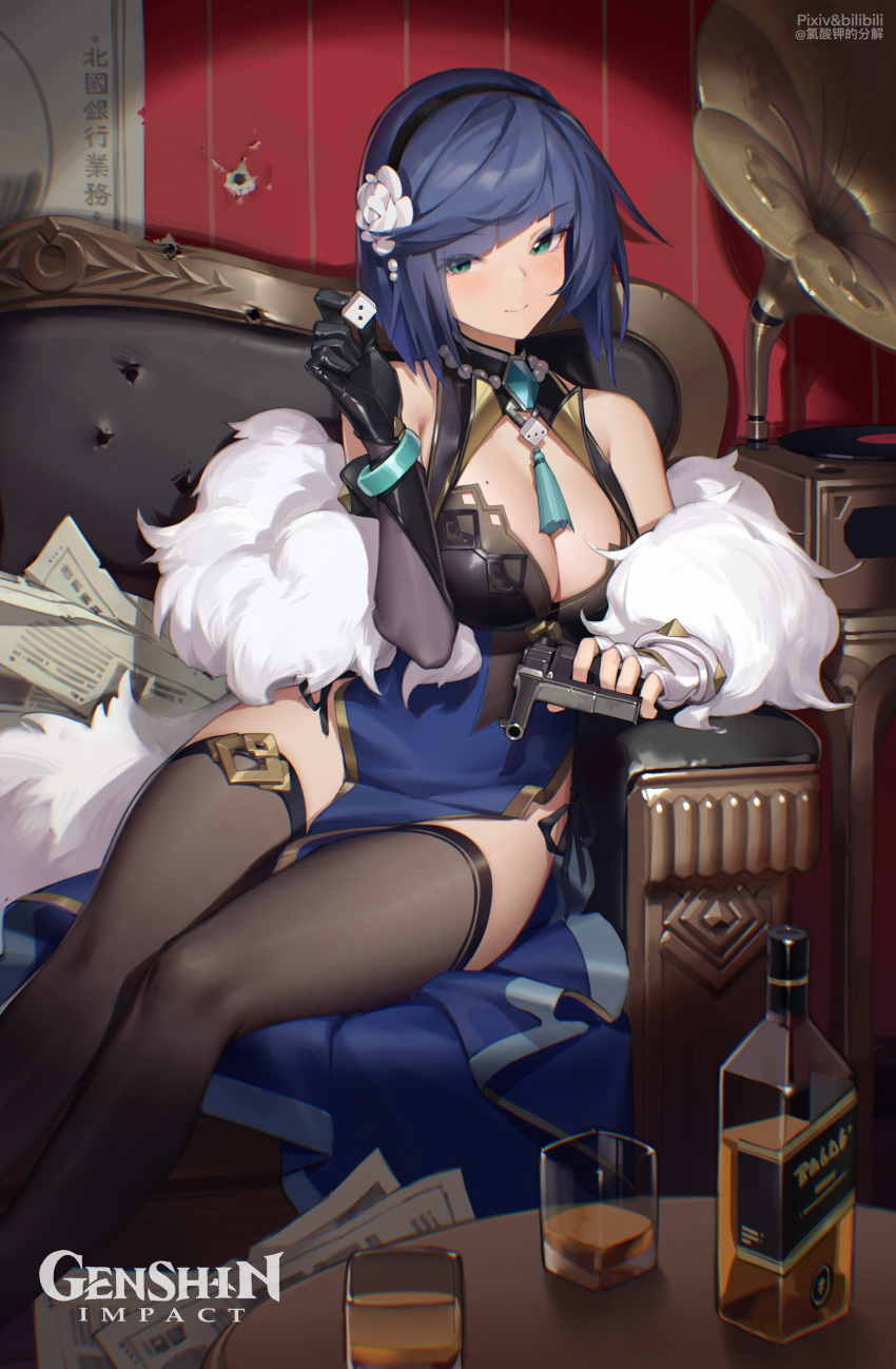 1girl absurdres alcohol bangs bilibili_xiaolu black_legwear blue_hair bottle breasts china_dress chinese_clothes cup dice dress drinking_glass eyebrows_behind_hair eyebrows_visible_through_hair fingerless_gloves flower genshin_impact gloves green_eyes gun hair_flower hair_ornament hairband handgun highres holding holding_dice holding_gun holding_weapon indoors large_breasts looking_at_viewer newspaper phonograph pistol short_hair sitting smile solo table thighhighs weapon wine wine_bottle wine_glass yelan_(genshin_impact)