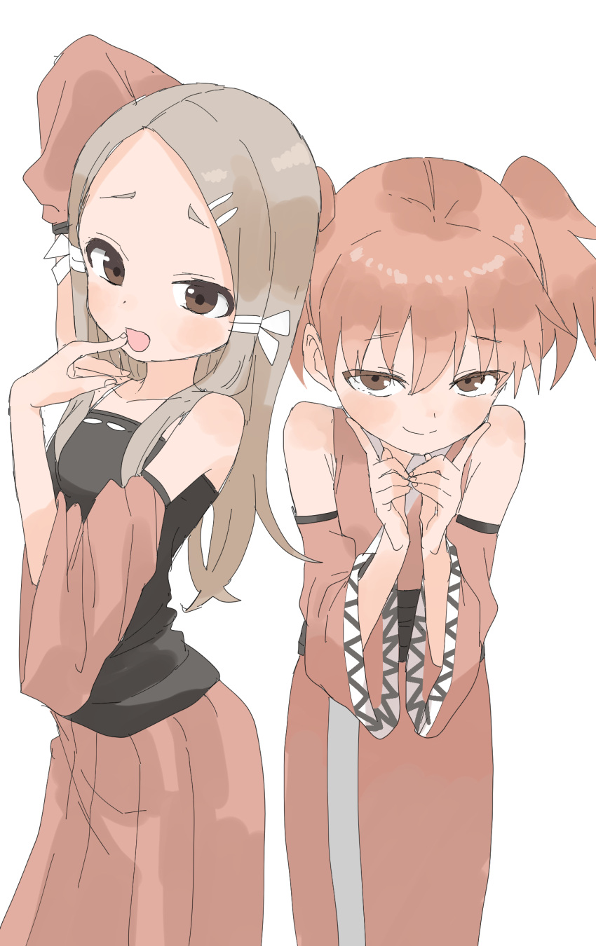 2girls ajisai_(kunoichi_tsubaki_no_mune_no_uchi) arm_behind_head brown_eyes brown_hair closed_mouth detached_sleeves forehead highres japanese_clothes kunoichi_tsubaki_no_mune_no_uchi long_hair looking_at_viewer multiple_girls open_mouth red_hair short_hair simple_background twintails ume_(kunoichi_tsubaki_no_mune_no_uchi) white_background yamamoto_souichirou