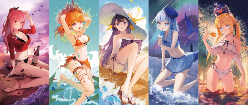 5girls :q alcohol bangs bikini blonde_hair blue_eyes blue_hair blunt_bangs blush bottle breasts cleavage cup drinking_glass earrings eyebrows_visible_through_hair feathers fireworks fish fish_tail food frilled_bikini frills gawr_gura goldfish gradient_hair happyongdal hat holding hololive hololive_english holomyth jewelry large_breasts legs long_hair looking_at_viewer midriff mole mole_under_eye mori_calliope multicolored_hair multiple_girls narrow_waist navel ninomae_ina'nis open_mouth orange_hair partially_submerged pink_hair pointy_ears popsicle purple_eyes purple_hair red_eyes shark_tail short_hair smile streaked_hair swimsuit tail takanashi_kiara tentacle_hair tongue tongue_out twintails virtual_youtuber watson_amelia wine wine_bottle wine_glass