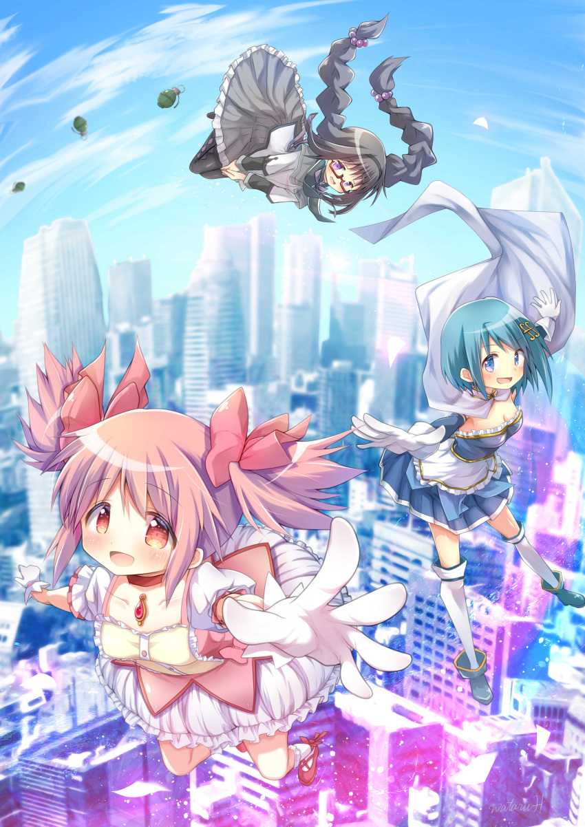3girls absurdres akemi_homura ankle_boots argyle argyle_legwear black_hair black_headwear black_legwear blue_eyes blue_footwear blue_hair blue_sky blush boots bow braid breasts bubble_skirt cape choker cityscape cleavage cloud commentary_request explosive fortissimo fortissimo_hair_ornament frilled_skirt frills glasses gloves grenade grey_skirt hair_bow hair_ornament highres hoshikage_wataru kaname_madoka kneehighs knees_up long_hair long_sleeves looking_at_viewer magical_girl mahou_shoujo_madoka_magica medium_breasts miki_sayaka multiple_girls open_mouth pantyhose pink_hair puffy_short_sleeves puffy_sleeves purple_eyes red-framed_eyewear red_bow red_choker red_eyes red_footwear semi-rimless_eyewear shirt shoes short_hair short_sleeves short_twintails skirt sky small_breasts smile twin_braids twintails white_cape white_gloves white_legwear white_shirt zettai_ryouiki