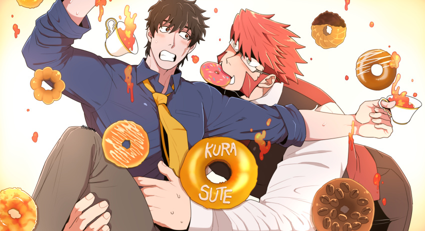 2boys balnom bangs bara carrying carrying_person coffee_cup collared_shirt cup disposable_cup doughnut eye_contact feet_out_of_frame food food_focus food_in_mouth glasses highres kekkai_sensen klaus_von_reinhertz leaning_forward looking_at_another male_focus mouth_hold multiple_boys muscular muscular_male mutton_chops necktie scar scar_on_cheek scar_on_face shirt short_hair spill spilling steven_a._starphase sweatdrop tusks yaoi yellow_necktie