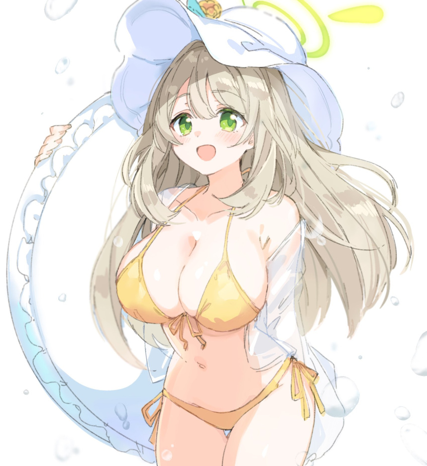 1girl bikini blonde_hair blue_archive blush breasts cleavage collarbone front-tie_top green_eyes halo hat highres innertube large_breasts long_hair looking_at_viewer navel nonomi_(blue_archive) panties paragasu_(parags112) see-through_shawl shawl side-tie_panties smile solo splashing straight_hair sun_hat swimsuit thigh_gap underwear white_headwear yellow_bikini