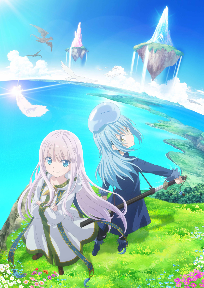 absurdres bird blue_eyes blue_hair cloud crossed_arms crossover dragon dress fantasy feathers floating_island flower grass highres horizon katana kenja_no_deshi_wo_nanoru_kenja lens_flare long_hair looking_at_viewer looking_back mira_(kendeshi) ocean official_art rimuru_tempest rimuru_tempest_(slime) sky slime_(creature) sword tensei_shitara_slime_datta_ken trait_connection very_long_hair water waterfall weapon white_dress yellow_eyes