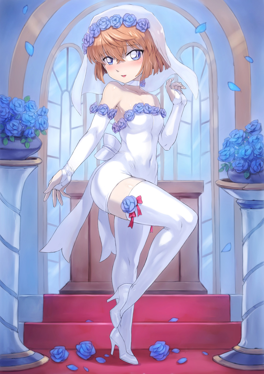 1girl absurdres backless_dress backless_outfit bangs blue_eyes bob_cut breasts bridal_gauntlets bridal_veil brown_hair carpet choker covered_navel dress elbow_gloves eyebrows_visible_through_hair flower gloves haibara_ai hand_up head_wreath high_heels highres indoors knee_up leg_up looking_to_the_side meitantei_conan mogudan petals red_carpet ribbon short_hair small_breasts solo standing standing_on_one_leg strapless strapless_dress swept_bangs thighhighs tight tight_dress veil wedding_dress white_choker white_dress white_footwear white_gloves white_legwear white_ribbon window