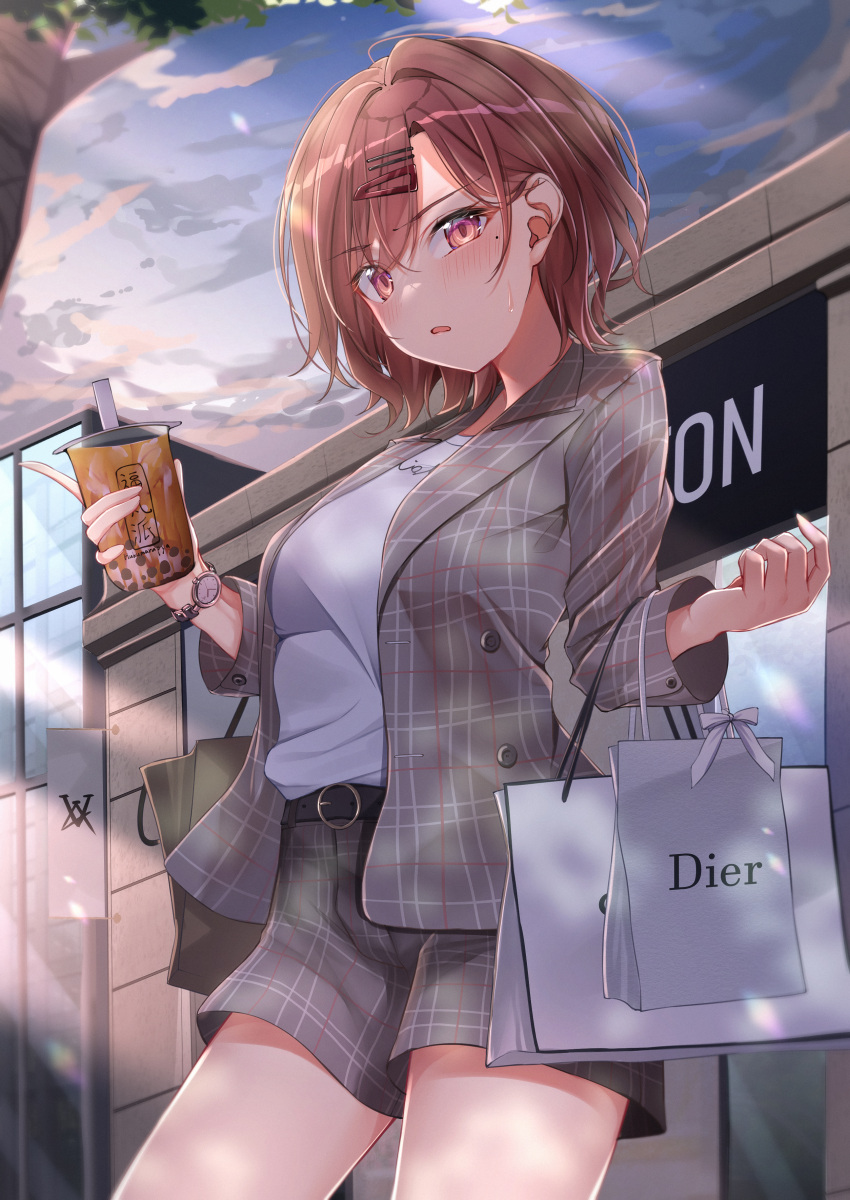 1girl absurdres bag blush brand_name_imitation breasts bubble_tea cup disposable_cup highres higuchi_madoka holding holding_cup idolmaster idolmaster_shiny_colors jacket looking_at_viewer medium_breasts mole mole_under_eye outdoors plaid plaid_jacket plaid_shorts red_eyes red_hair shopping_bag short_hair shorts solo sweatdrop watch wristwatch yzk_knmn