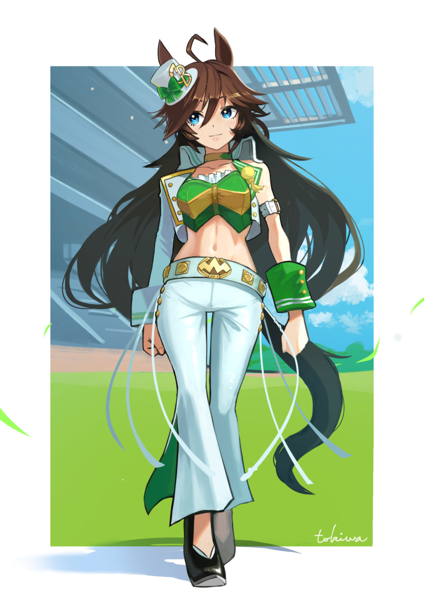 1girl absurdres ahoge animal_ears arm_strap bandeau bangs bell-bottoms black_footwear blue_eyes blue_sky breasts brown_hair choker clenched_hands closed_mouth cloud commentary_request day full_body green_bandeau groin hair_between_eyes hair_ornament hairclip hat high_heels highres horse_ears horse_girl horse_tail jacket long_hair long_sleeves looking_to_the_side medium_breasts midriff mini_hat mini_top_hat mr._c.b._(umamusume) navel open_clothes open_jacket pants shadow sidelocks signature single_bare_shoulder single_sleeve sky sleeve_cuffs smile solo tail tokiwa_png top_hat umamusume walking white_background white_headwear white_pants yellow_choker