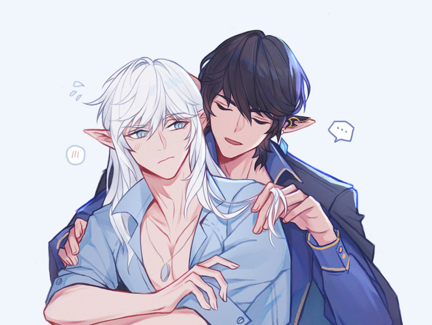 ... 2boys alternate_costume aymeric_de_borel black_hair blue_background blue_eyes blush chinese_commentary closed_eyes closed_mouth collarbone collared_shirt earrings elezen elf estinien_varlineau final_fantasy final_fantasy_xiv flying_sweatdrops hair_between_eyes hand_on_another's_shoulder head_tilt jewelry kujokaze long_hair looking_at_another male_focus multiple_boys necklace open_clothes open_shirt playing_with_another's_hair pointy_ears shirt short_hair short_sleeves spoken_blush spoken_ellipsis upper_body white_hair yaoi