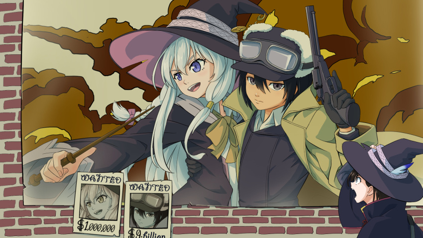 3girls black_eyes black_hair bow coat colt_1851_navy crossover elaina_(majo_no_tabitabi) fur_hat goggles gun hat headwear_request highres kino_(kino_no_tabi) kino_no_tabi long_hair m_kyo majo_no_tabitabi multiple_girls poster_(object) purple_eyes reverse_trap revolver ribbon saya_(majo_no_tabitabi) short_hair wand wanted weapon white_hair witch witch_hat