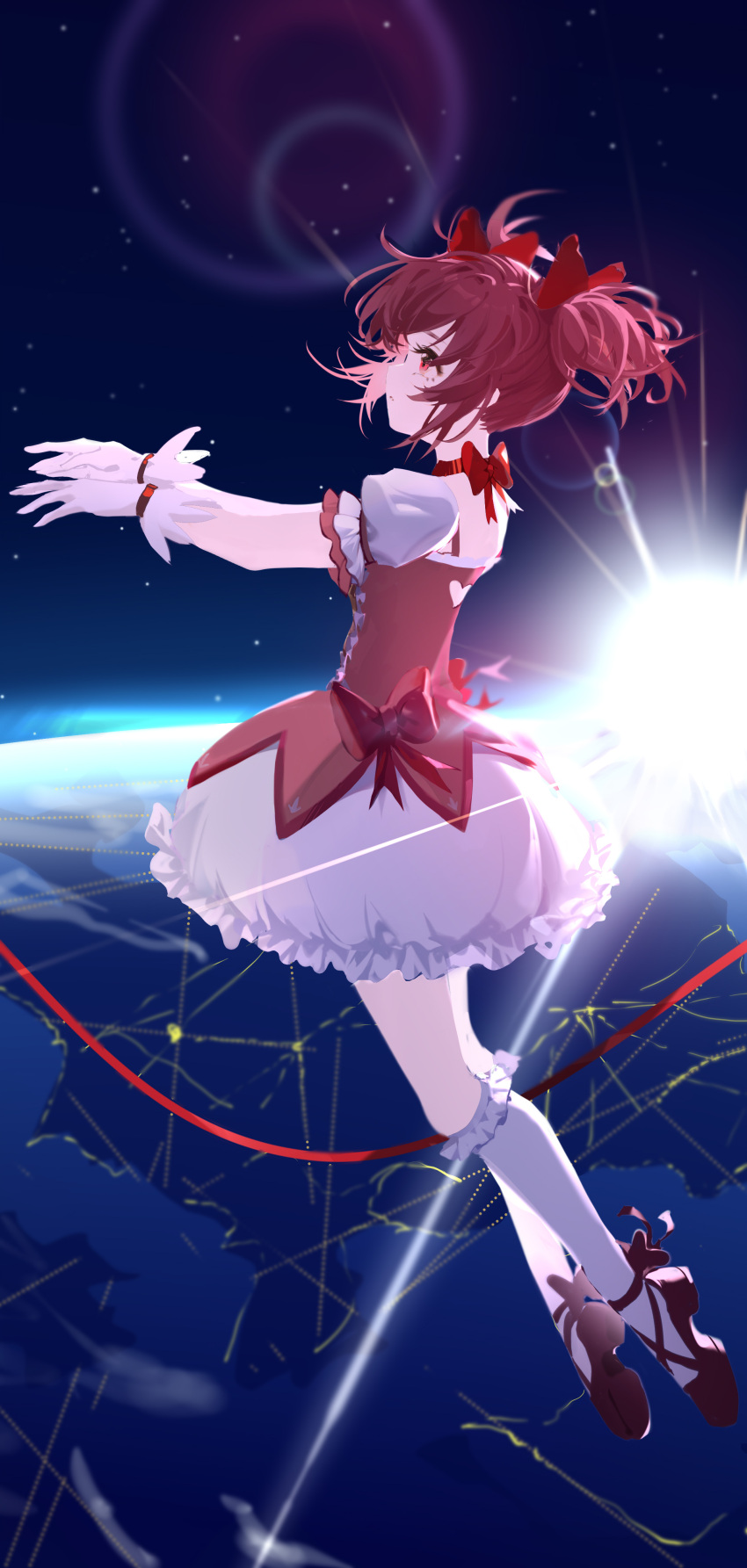 1girl absurdres ahivemind bangs bow bubble_skirt choker commentary_request earth_(planet) floating_hair frilled_legwear frills from_side gloves hair_bow hands_up highres kaname_madoka kneehighs magical_girl mahou_shoujo_madoka_magica parted_lips pink_hair planet puffy_short_sleeves puffy_sleeves purple_ribbon red_bow red_choker red_eyes red_footwear red_ribbon ribbon ribbon_choker shoes short_hair short_sleeves short_twintails skirt solo space sun twintails white_gloves