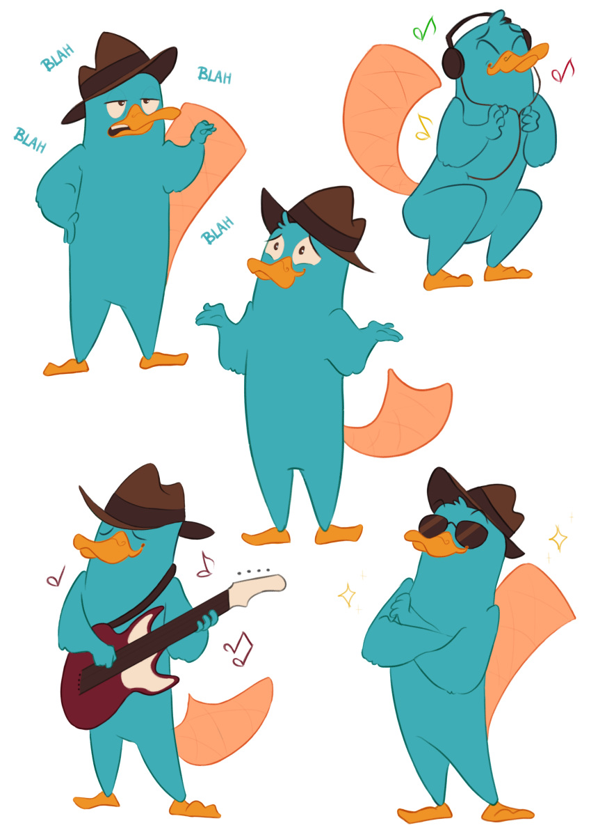 2019 4_fingers absurd_res beak blah brown_eyes crouching disney electric_guitar eyes_closed eyewear fedora flat_colors fur green_fur guitar half-closed_eyes hat head_tuft headphones hi_res holding_guitar holding_musical_instrument klaudiart mammal mocking monotreme mostly_nude multiple_images musical_instrument musical_note open_mouth perry_the_platypus phineas_and_ferb platypus playing_music raised_inner_eyebrows shrug simple_background smile standing sunglasses text white_background