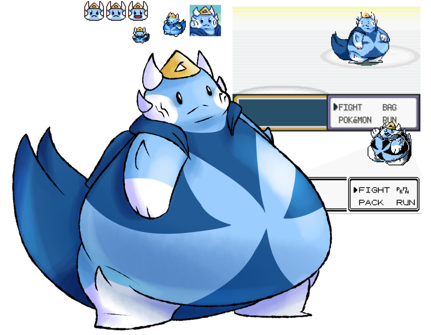actualblueblu alpha_channel ambiguous_gender anthro belly cape clothing crown dark_markings digital_media_(artwork) edit fak&eacute;mon fin fish hi_res marine markings overweight pixel_(artwork) round_body shaded simple_background simple_coloring simple_shading solo sprite_art swimce_(fakemon) thick_thighs transparent_background