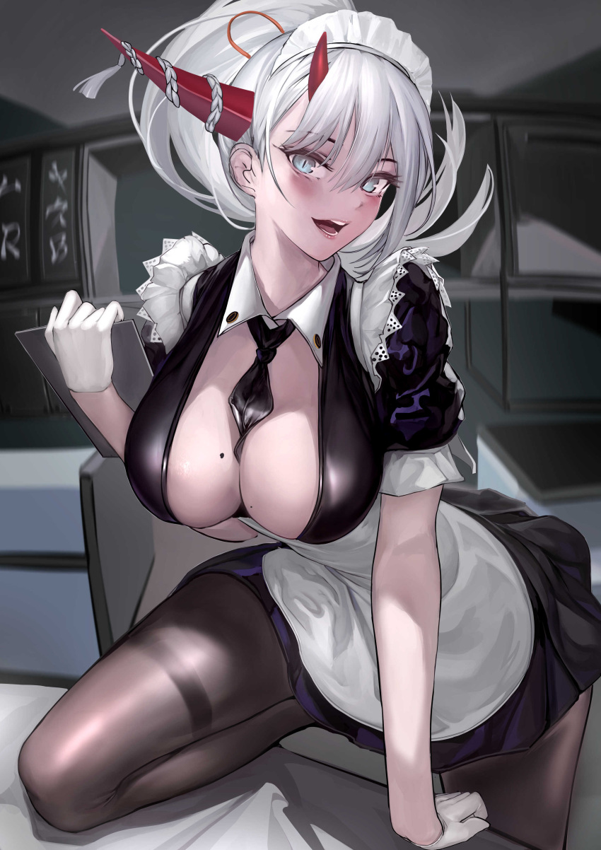 1girl absurdres apron asymmetrical_horns azur_lane between_breasts black_dress black_necktie breasts brown_legwear center_opening dress gloves hair_between_eyes hair_on_horn hakuryuu_(azur_lane) hakuryuu_(slice_dice_and_serve)_(azur_lane) half_gloves highres holding horns indoors large_breasts leaning_forward leg_up long_hair looking_at_viewer maid_headdress mole mole_on_breast multiple_horns necktie necktie_between_breasts nikumocchi official_alternate_costume open_mouth pantyhose puffy_short_sleeves puffy_sleeves red_horns shiny shiny_clothes shiny_legwear short_dress short_sleeves slit_pupils solo thighband_pantyhose white_apron white_eyes white_gloves white_hair white_horns wing_collar