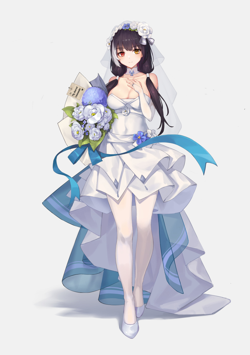 1girl absurdres black_hair blue_flower bouquet breasts bridal_gauntlets bride commission dress elbow_gloves flower full_body girls'_frontline gloves heterochromia high_heels highres holding holding_bouquet jewelry large_breasts long_hair low_twintails mausratten multicolored_hair pantyhose red_eyes ring ro635_(girls'_frontline) solo standing strapless strapless_dress streaked_hair twintails veil wedding_band wedding_dress white_dress white_flower white_footwear white_gloves white_hair white_legwear white_veil yellow_eyes