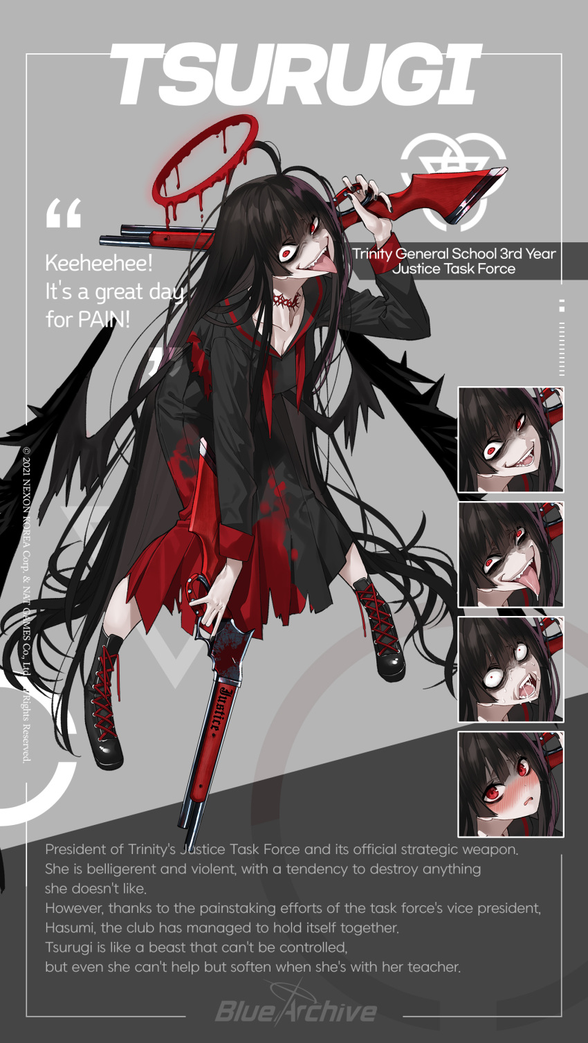 1girl absurdly_long_hair absurdres ahoge angel black_hair black_wings blood blood_on_clothes blue_archive boots character_name character_sheet choker copyright_name dark_halo dripping dual_wielding english_text evil_eyes feathered_wings full_body gun halo highres holding holding_gun holding_weapon liquid_halo long_hair mx2j_(nsh6394) neckerchief official_art over_shoulder red_choker red_eyes red_neckerchief school_uniform serafuku sharp_tongue shotgun solo tongue tongue_out tsurugi_(blue_archive) undone_neckerchief very_long_hair weapon weapon_over_shoulder winchester_model_1887 wings