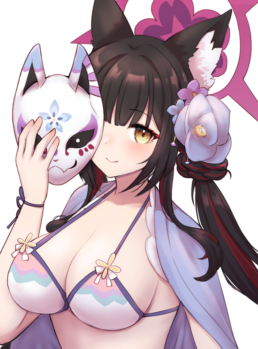 1girl animal_ear_fluff animal_ears bangs bikini black_hair blue_archive blush breasts cleavage closed_mouth fox_ears halo halter_top halterneck highres holding holding_mask kinakonato large_breasts long_hair looking_at_viewer mask multicolored_hair ponytail red_hair simple_background smile solo string_bikini swimsuit two-tone_hair upper_body wakamo_(blue_archive) white_background yellow_eyes