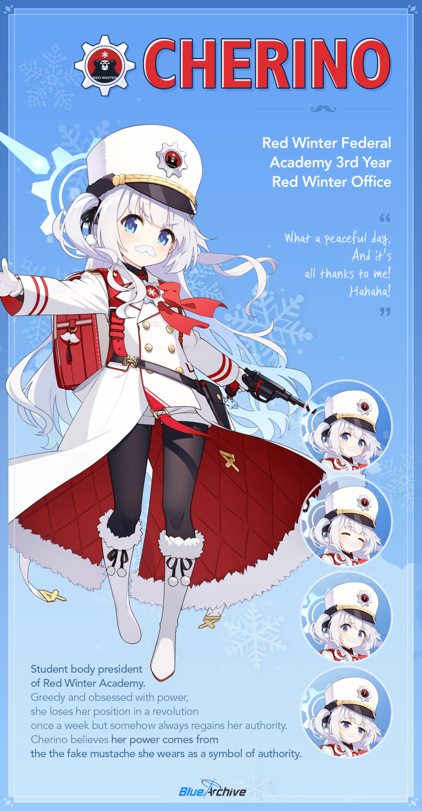 1girl absurdres backpack bag black_legwear blue_archive blue_eyes boots cherino_(blue_archive) coat emoji fake_facial_hair fake_mustache full_body fur-trimmed_boots fur_trim gun highres holding holding_gun holding_weapon long_hair long_sleeves looking_at_viewer official_art pantyhose randoseru standing two_side_up weapon white_coat white_footwear white_hair white_headwear