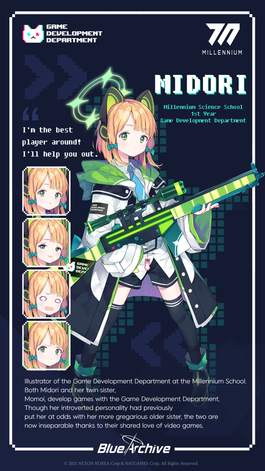 absurdres animal_ears blonde_hair blue_archive cat_ear_headphones cat_ears character_name character_sheet emoji green_eyes gun h&amp;k_g3/sg1 halo headphones highres hiyo_kiki jacket midori_(blue_archive) necktie official_art rifle school_uniform shoes short_hair shorts sniper_rifle solo thighhighs trigger_discipline weapon