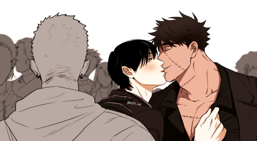 2boys balnom bangs blush couple crowd dark-skinned_male dark_skin faceless faceless_female faceless_male gloves highres kiss large_pectorals male_focus multiple_boys muscular muscular_male original partially_unbuttoned pectoral_cleavage pectorals scar scar_on_chest short_hair sideburns spot_color stitches thick_eyebrows upper_body yaoi