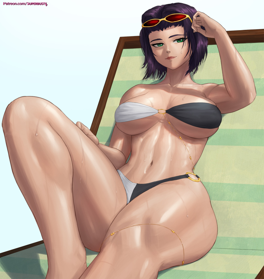 1girl bikini breasts commission cowboy_bebop english_commentary eyewear_on_head faye_valentine green_eyes highres large_breasts o-ring o-ring_bikini o-ring_bottom o-ring_top purple_hair red-tinted_eyewear short_hair sitting solo strapless strapless_bikini sunglasses superbusty swimsuit thick_thighs thighs tinted_eyewear two-tone_bikini