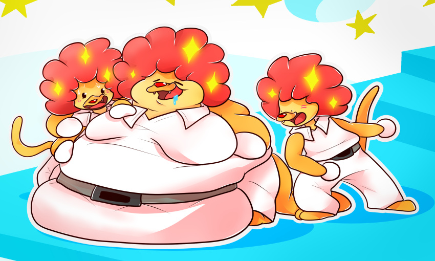 actualblueblu ambiguous_gender belly belly_overhang blush bodily_fluids chubby_anthro chubby_cheeks clappy_trio clothing felid fur group hi_res lion mammal moobs morbidly_obese obese orange_body orange_fur overweight pantherine rhythm_heaven saliva shaded shocked simple_background simple_coloring simple_shading superchub tight_clothing tired toony