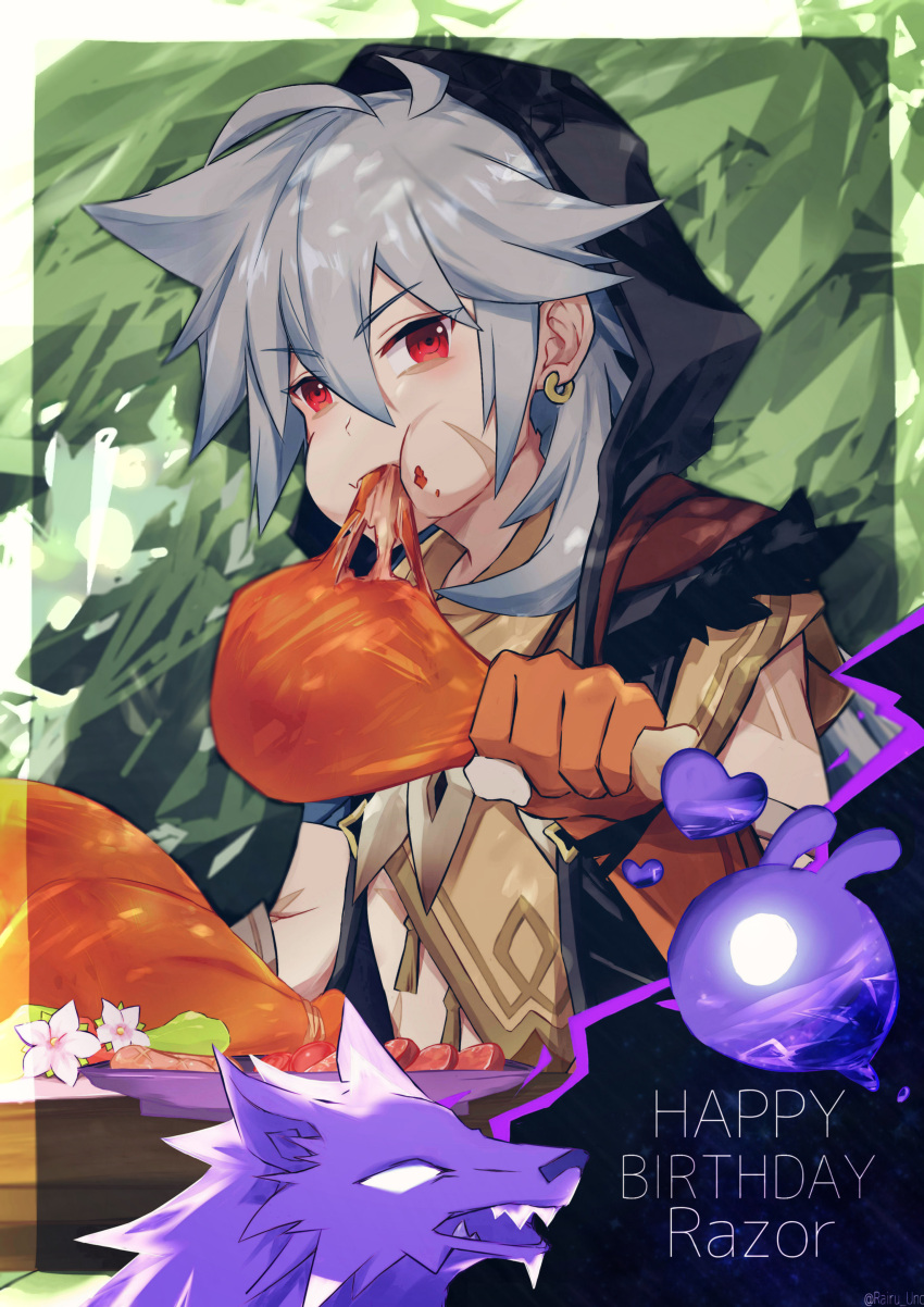 1boy absurdres birthday bishounen drumsticks earrings eating eyebrows_visible_through_hair food genshin_impact gloves grey_hair haku-san highres jewelry long_hair male_focus meat mouthful razor_(genshin_impact) red_eyes scar scar_on_face seelie_(genshin_impact) sleeveless solo sweet_madame_(genshin_impact)