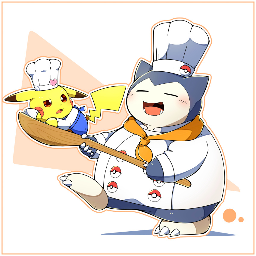 &lt;3 1:1 2022 absurd_res ambiguous_gender apron black_ears blue_body blush blush_lines border brown_eyes cheek_spots chef_hat claws clothed clothed_feral clothing cute_fangs cutlery digital_media_(artwork) dipstick_ears duo eyes_closed feral hat headgear headwear hi_res holding_object holding_spoon kitchen_utensils multicolored_ears nintendo open_mouth open_smile orange_border orange_outline outline pikachu pok&eacute;ball pok&eacute;mon pok&eacute;mon_(species) simple_background size_difference smile snorlax spoon tatu_wani_(artist) toe_claws tongue tools topwear video_games yellow_body