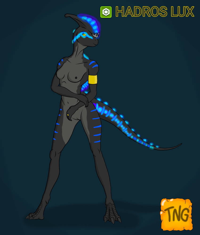 anthro armwear bioluminescence blue_body blue_light blue_scales clothing crest_(disambiguation) crown dinosaur female glowing grey_body grey_scales hadros_lux hadrosaurid hadrosaurs head_crest hi_res hybrid jurassic_park jurassic_world_alive nude ornithischian reptile ring scales scalie solo the_nameless_guy tiara universal_studios