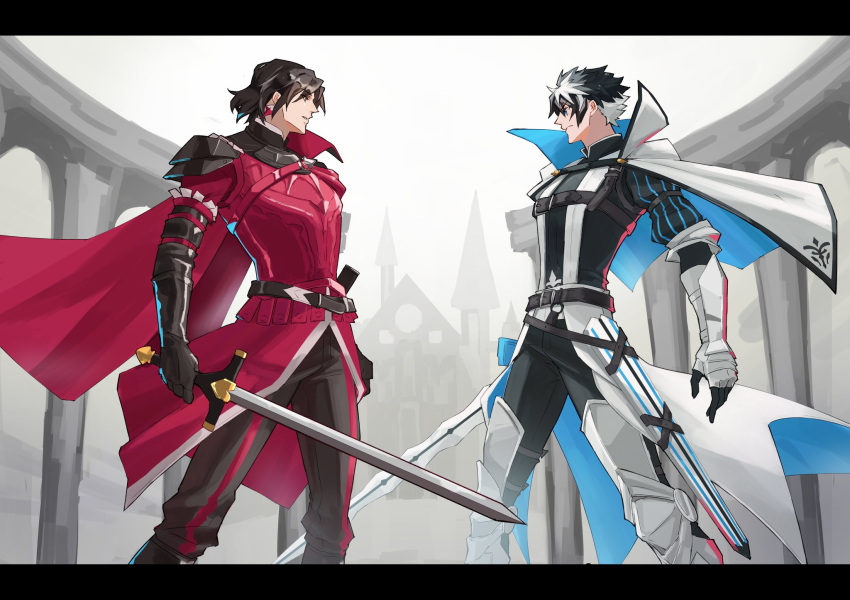 2boys armor belt black_eyes black_gloves black_hair black_pants black_shirt blue_eyes building cape capelet charlemagne_(fate) chest_belt closed_eyes collared_capelet constantine_xi_(fate) earrings elbow_gloves eye_contact fate/grand_order fate_(series) feet_out_of_frame from_side gauntlets gloves greaves haruakira highres holding holding_sword holding_weapon jewelry joyeuse_ordre_(fate) letterboxed looking_at_another male_focus multicolored_hair multiple_boys pants parted_lips profile puffy_sleeves red_armor red_cape serious sheath shirt short_hair shoulder_belt shoulder_cape sleeve_garter standing sword two-sided_fabric two-tone_hair weapon white_capelet white_hair