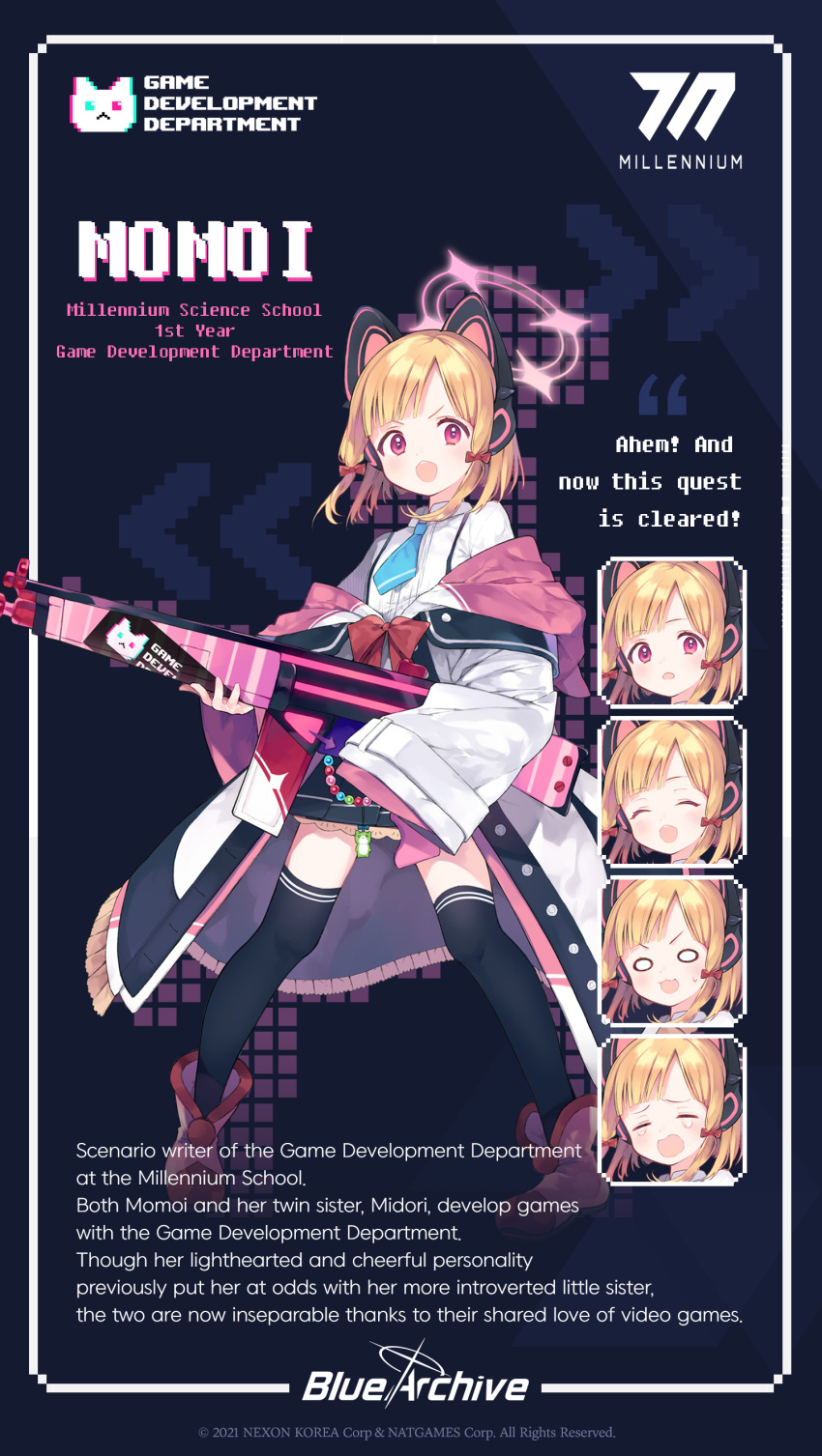 absurdres animal_ears assault_rifle battle_rifle black_legwear blue_archive cat_ear_headphones cat_ears character_name character_sheet emoticon english_text full_body gun h&amp;k_g3 halo headphones highres hiyo_kiki jacket long_sleeves looking_at_viewer momoi_(blue_archive) necktie official_art open_mouth red_eyes rifle school_uniform shoes short_hair solo thighhighs weapon