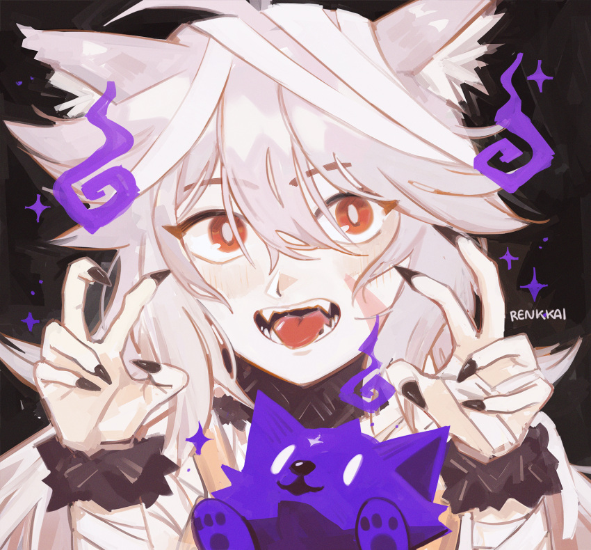 1boy ahoge animal_hands artist_name bandaged_head bandages bishounen black_nails cosplay eyes_visible_through_hair fang genshin_impact gloves grey_hair highres hitodama long_hair male_focus paw_pose razor_(genshin_impact) red_eyes renkkai smile solo sparkle spirit upper_body