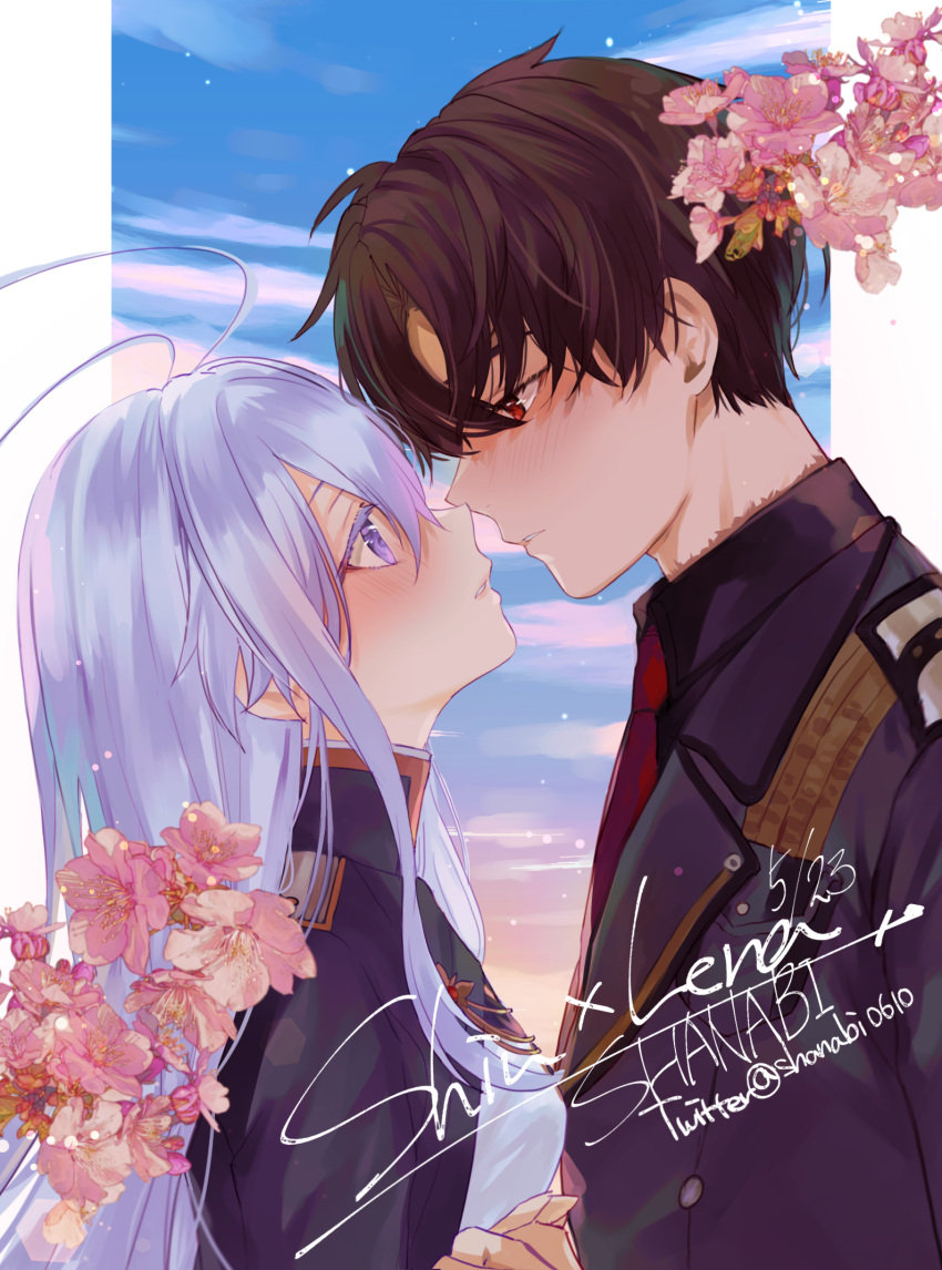 1boy 1girl 86_-eightysix- antenna_hair artist_name bangs black_shirt blue_sky blush brown_hair character_name collar commentary_request couple day eye_contact flower from_side grey_eyes grey_hair grey_jacket hair_between_eyes hetero highres holding_hands imminent_kiss jacket jewelry long_hair looking_at_another military military_uniform necktie parted_lips pink_flower red_eyes red_necktie scar scar_on_neck shanabi0610 shinei_nouzen shirt sidelocks sky standing twitter_username uniform vladilena_millize
