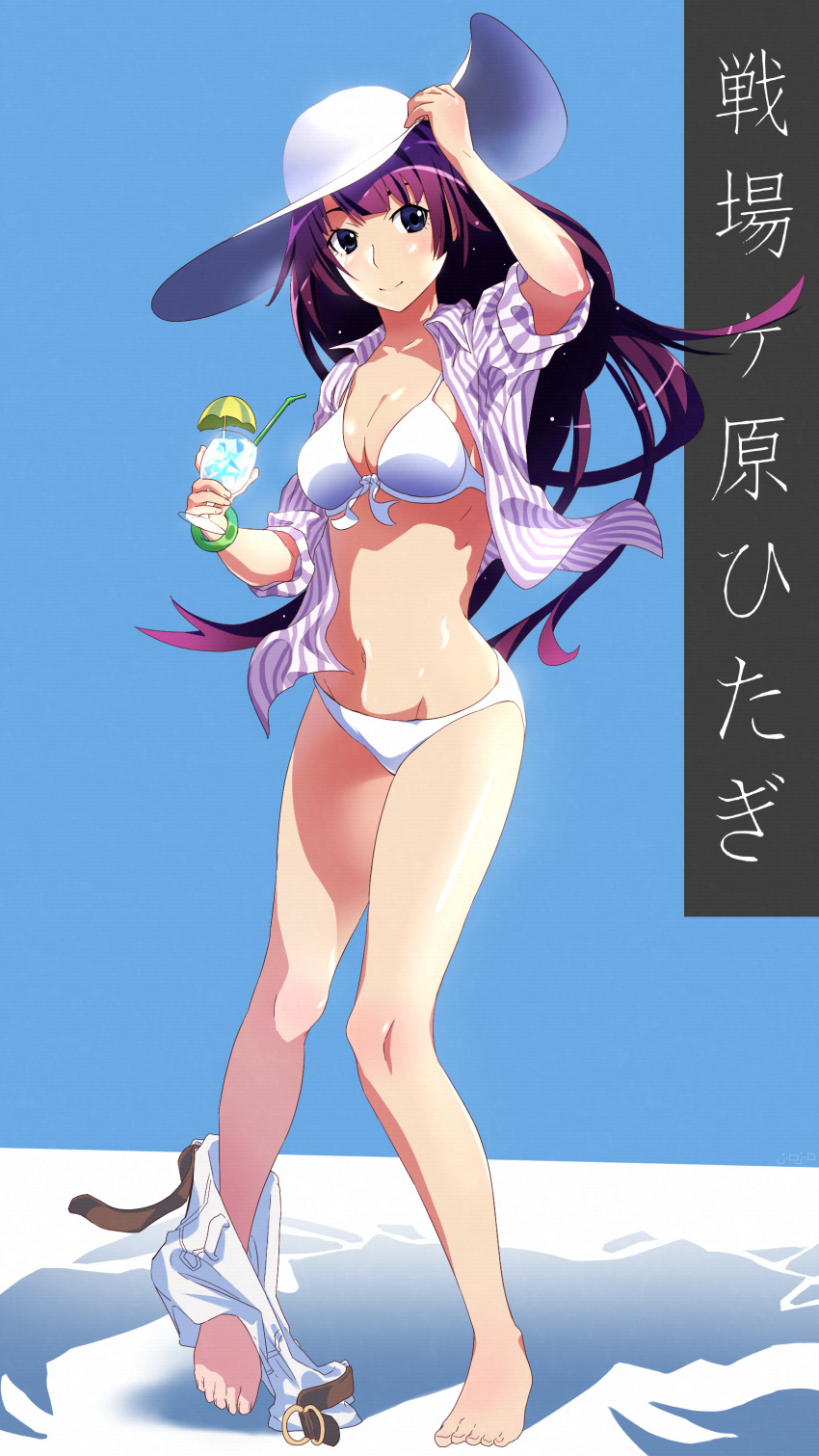 1girl absurdres bakemonogatari bare_legs barefoot belt bikini blue_background breasts brown_belt brown_eyes cleavage closed_mouth collarbone collared_shirt dress_shirt floating_hair front-tie_bikini front-tie_top full_body groin hat highres jub_jub long_hair looking_at_viewer medium_breasts monogatari_(series) navel open_clothes open_shirt purple_hair senjougahara_hitagi shiny shiny_hair shiny_skin shirt short_sleeves shorts shorts_around_one_leg sideboob smile solo standing striped striped_shirt sun_hat swimsuit very_long_hair white_bikini white_headwear white_shorts wing_collar