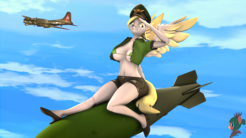 3d_(artwork) 4k absurd_res anthro anthrofied big_breasts bikini bikini_top bomb bomber bottomwear breasts clothing derpy_hooves_(mlp) digital_media_(artwork) dongly12 equid equine explosives female friendship_is_magic hasbro hi_res high_heels mammal my_little_pony pegasus shorts solo source_filmmaker swimwear wings