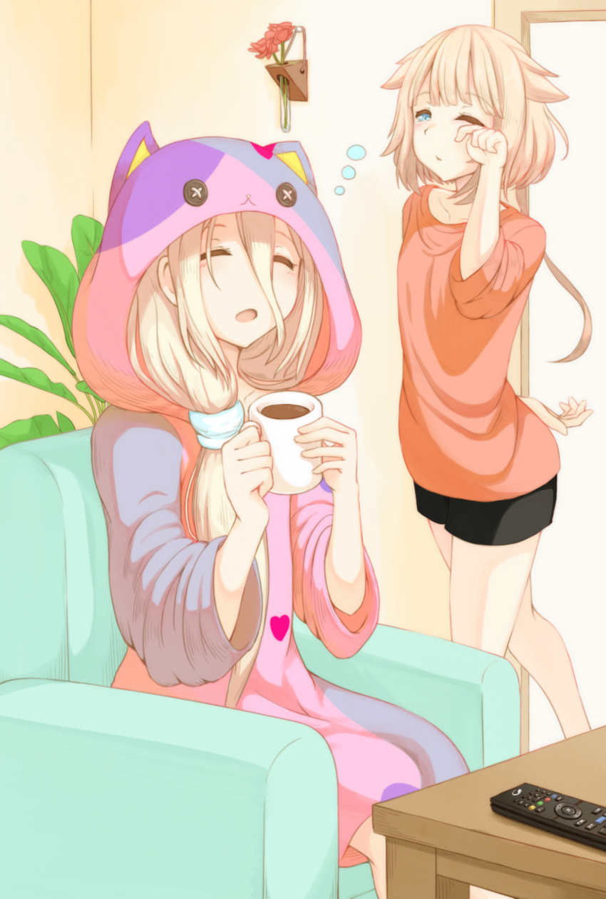 2girls absurdres animal_costume animal_hood arm_behind_back bangs blonde_hair blue_eyes blunt_bangs blush button_eyes cat_costume cat_hood cevio chair closed_eyes coffee coffee_mug controller cup door flower hair_flaps haiyuki_yuki half-closed_eyes hand_up highres holding holding_cup hood ia_(vocaloid) indoors jumpsuit long_bangs long_hair long_sleeves low_ponytail mug multiple_girls on_chair one_(cevio) one_eye_closed open_mouth pajamas plant ponytail remote_control rubbing_eyes shorts sitting sleepy table vocaloid walking yawning