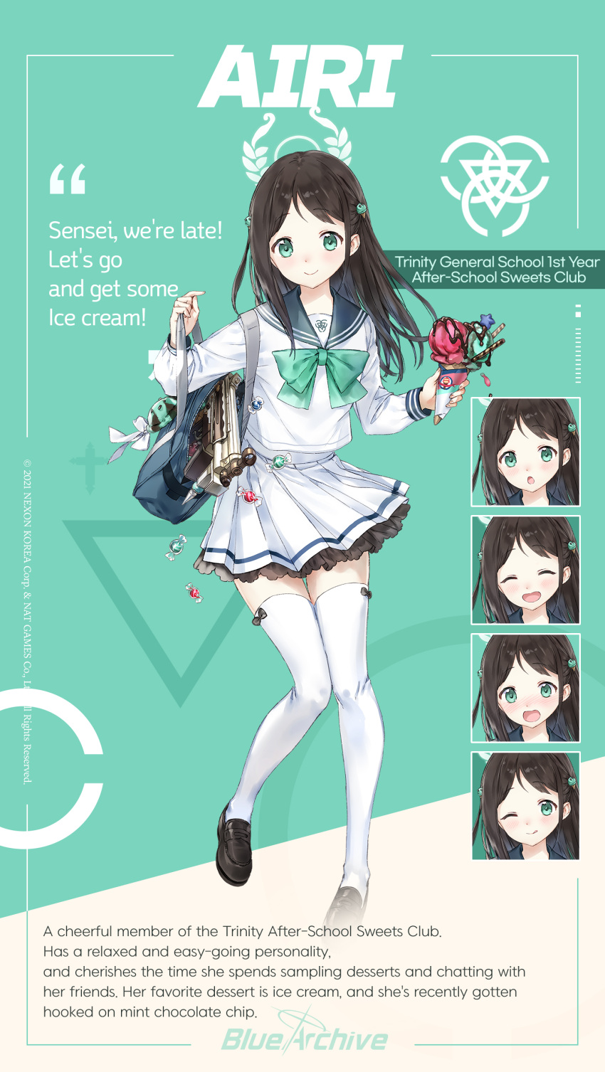 1girl absurdres airi_(blue_archive) aqua_eyes bag black_hair blue_archive bow bowtie character_name character_sheet chocolate double_scoop expressions food food-themed_hair_ornament frilled_skirt frills full_body gun h&amp;k_mp5k hair_ornament highres holding ice_cream ice_cream_cone ice_cream_hair_ornament long_hair macciatto_(aciel02) official_art school_bag school_uniform serafuku shoes skirt solo submachine_gun thighhighs weapon white_serafuku
